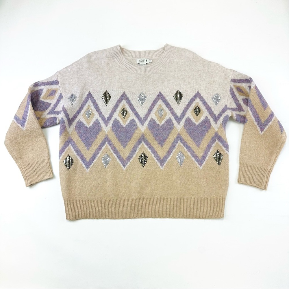 Molly Bracken crew neck sweater Womens Medium Large Diamond print sequin accents